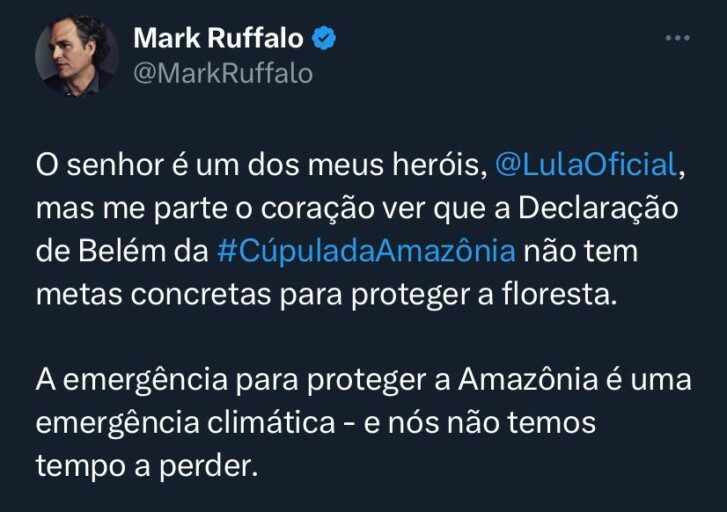 Lula é criticado sobre Cúpula da Amazônia por ator americano