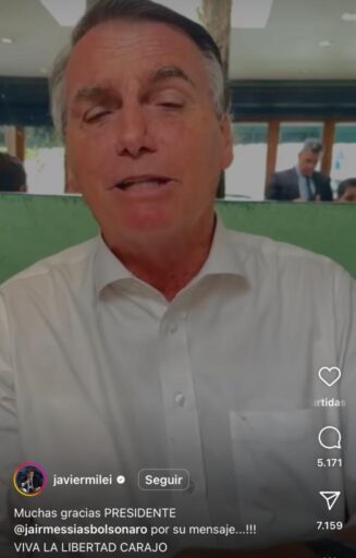 Milei divulga vídeo de apoio de Bolsonaro nas redes sociais