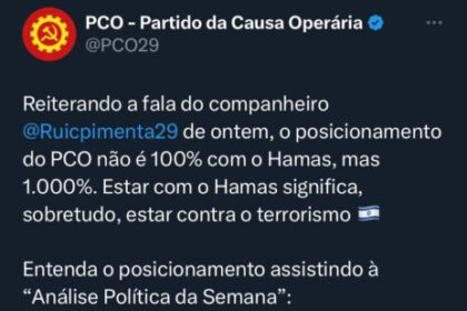 Em ato criminoso, PCO vibra com o terrorismo e declara apoio ao Hamas