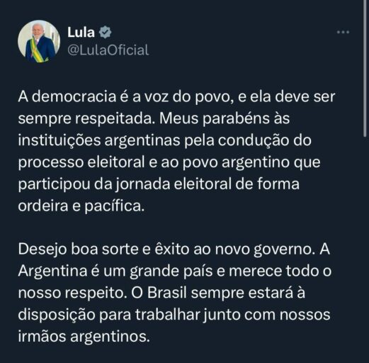 Lula deseja boa sorte e êxito ao novo governo argentino mas não felicita  Milei - Expresso