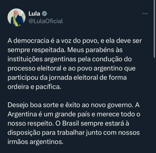 Lula deseja sorte ao "novo governo" da Argentina sem citar Milei, Petro ataca