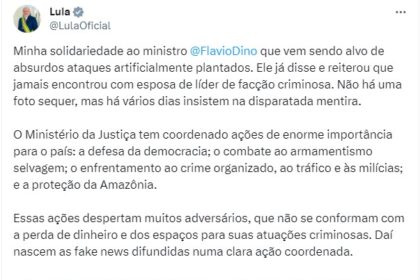 Dama do Tráfico: Lula defende Dino e diz que ministro é alvo de ataques