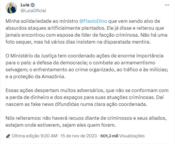 Dama do Tráfico: Lula defende Dino e diz que ministro é alvo de ataques