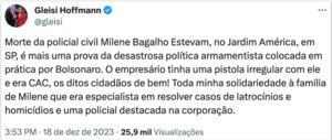 Absolutamente fora de contexto, Gleisi responsabiliza Bolsonaro por morte em SP