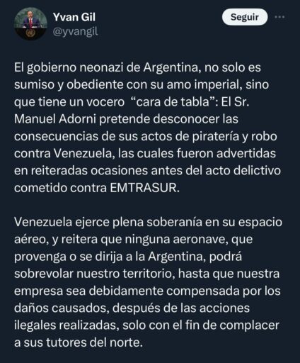 Argentina e Venezuela brigam por avião iraniano e espaço aéreo é fechado