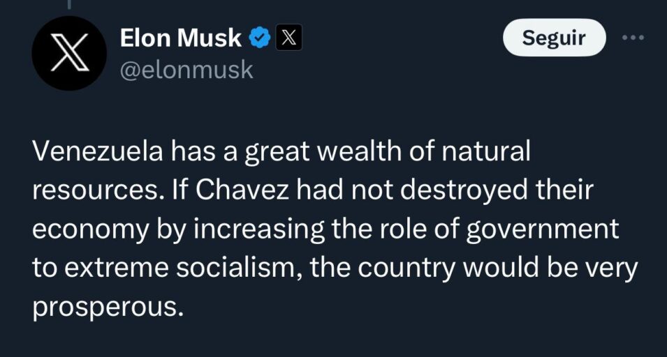 Elon Musk diz que políticas socialistas de Chávez destruíram a economia da Venezuela