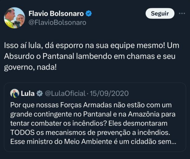 Flávio Bolsonaro resgata post antigo de Lula sobre queimadas e 'detona' governo