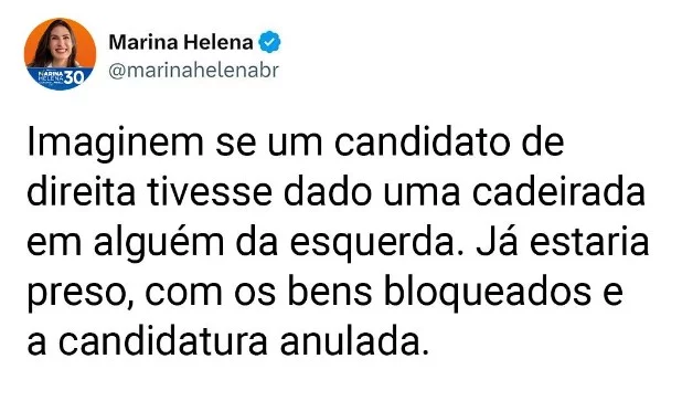 Marina Helena critica Datena por agressão a Marçal com cadeira em debate