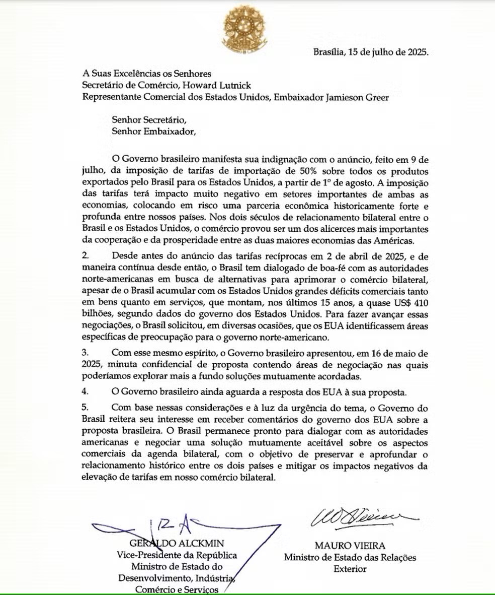 Em carta a Trump, Lula reclama de tarifas sem mencionar censura e perseguição política