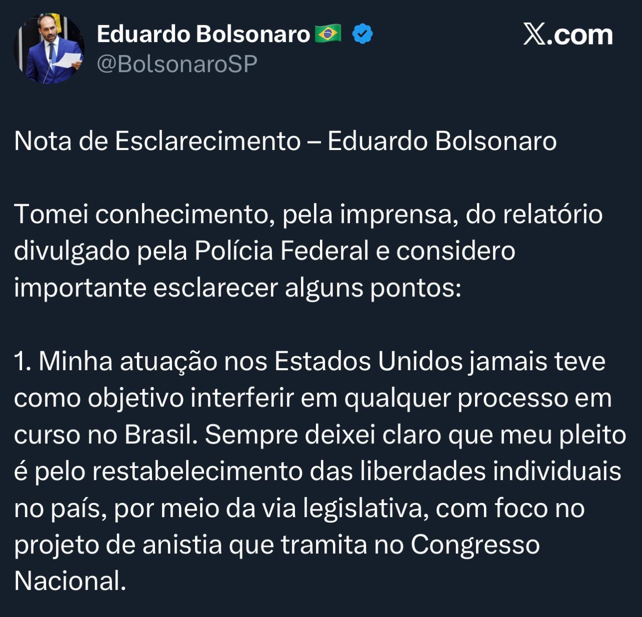 Eduardo Bolsonaro diz ser “culpado por lutar contra a ditadura brasileira”